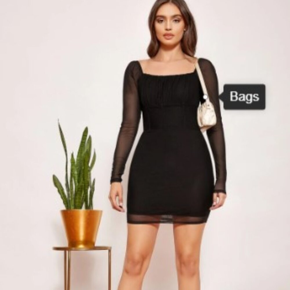 Belle Square Neck Ruched Bust Mesh Dress